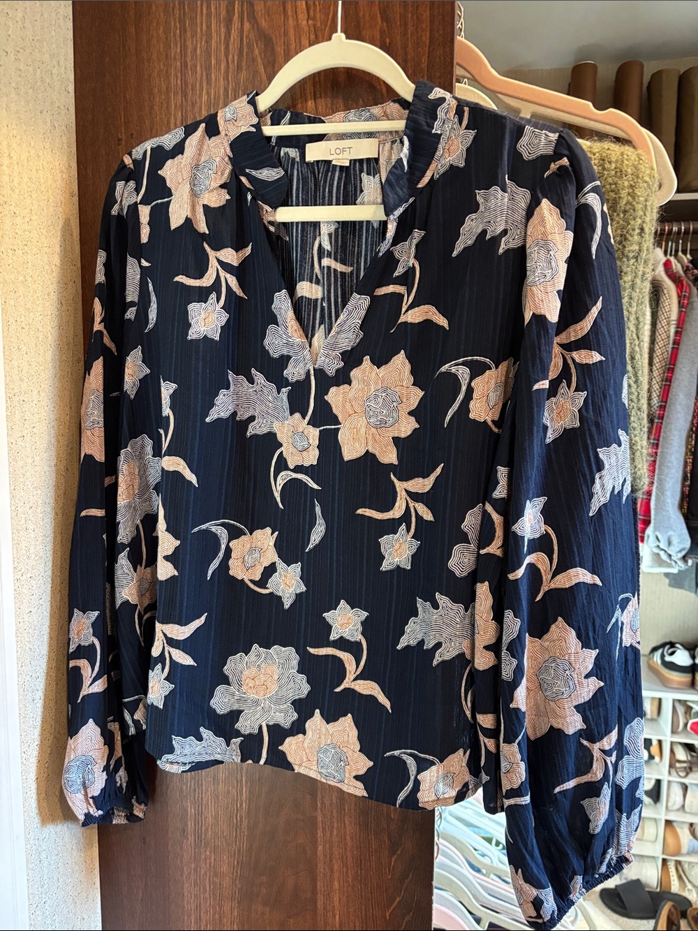 LOFT Navy Floral Split-Neck Long Sleeve Blouse